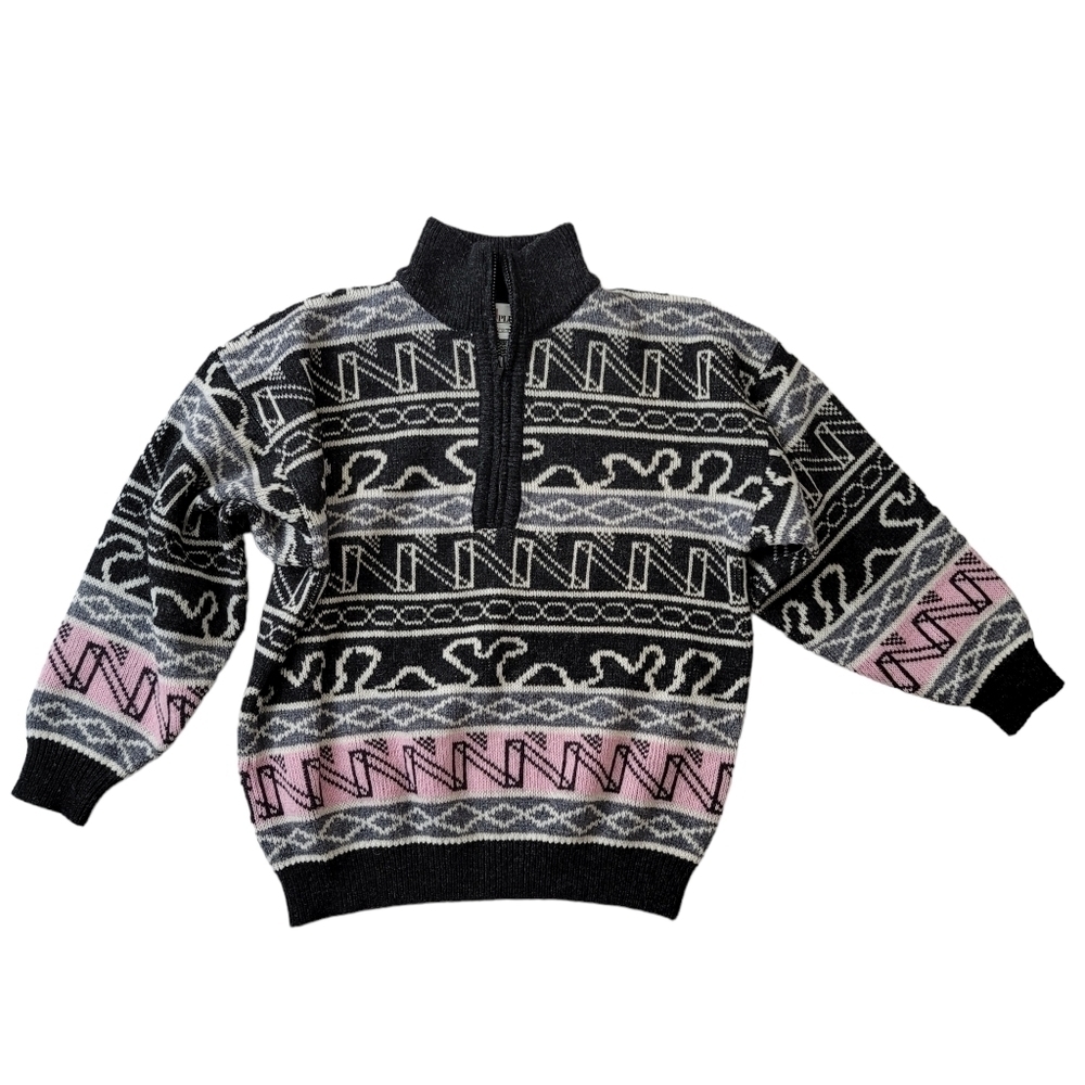 VTG BP Nordstrom 100% Shetland Wool Quarter Zip Funky Fair Isle Knit Sweater